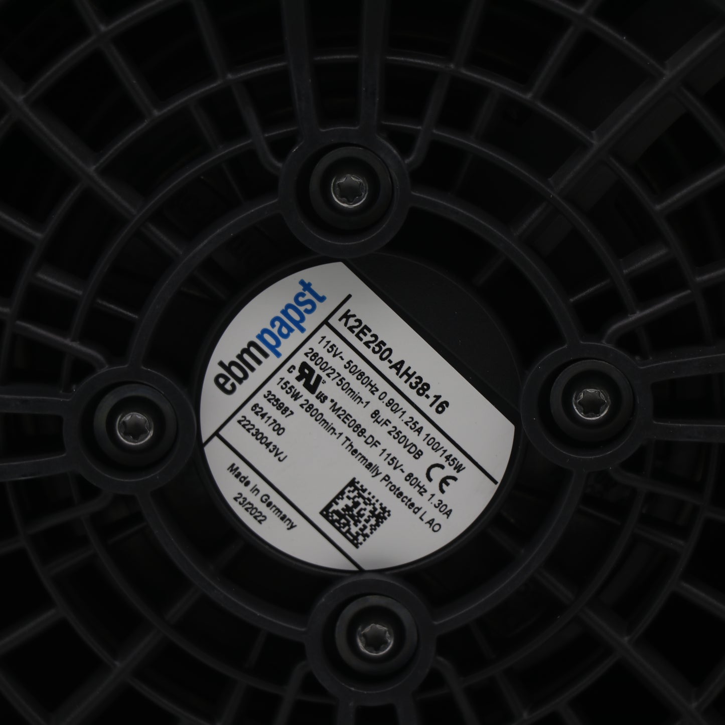 Nameplate detail of ebm-papst K2E250-AH38-16 axial fan