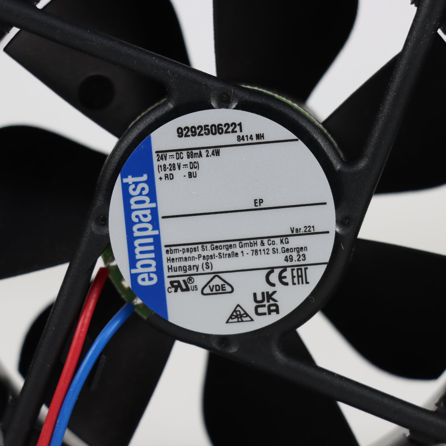 Nameplate detail of ebm-papst 8414NH-221 compact fan