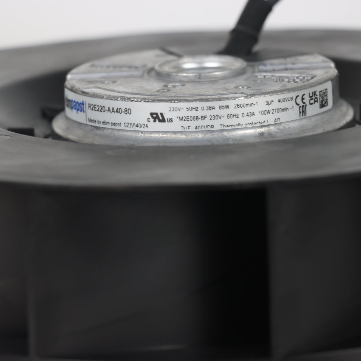 Nameplate detail of ebm-papst R2E220-AA40-80 centrifugal fan