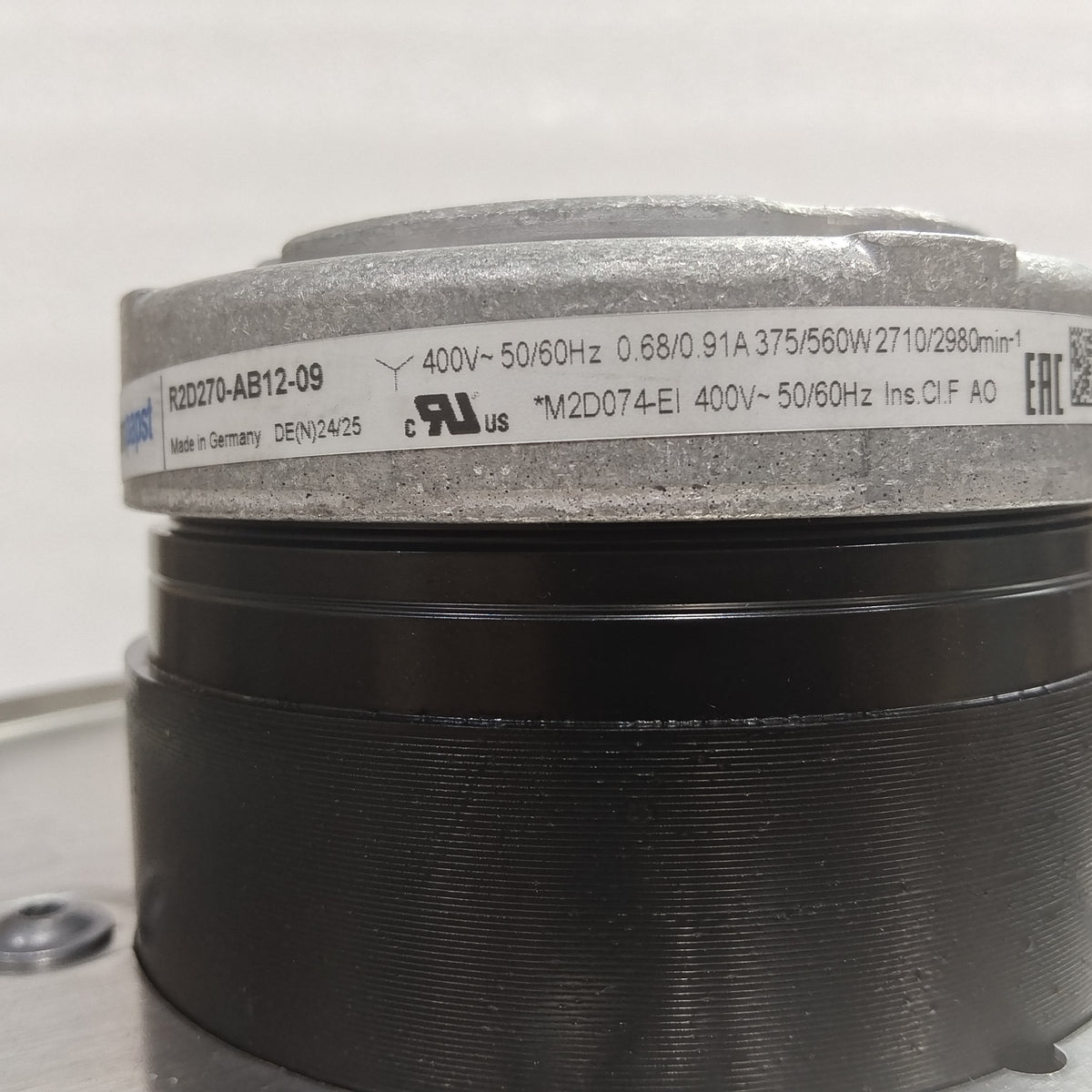 Nameplate detail of ebm-papst R2D270-AB12-09 centrifugal fan