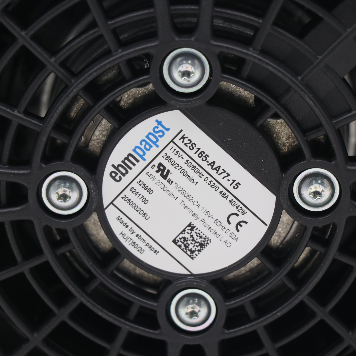 Nameplate detail of ebm-papst K2S165-AA77-15 axial fan