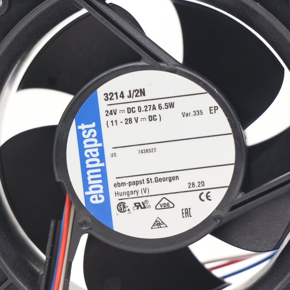 Nameplate detail of ebm-papst 3214J/2N-335 industrial fan