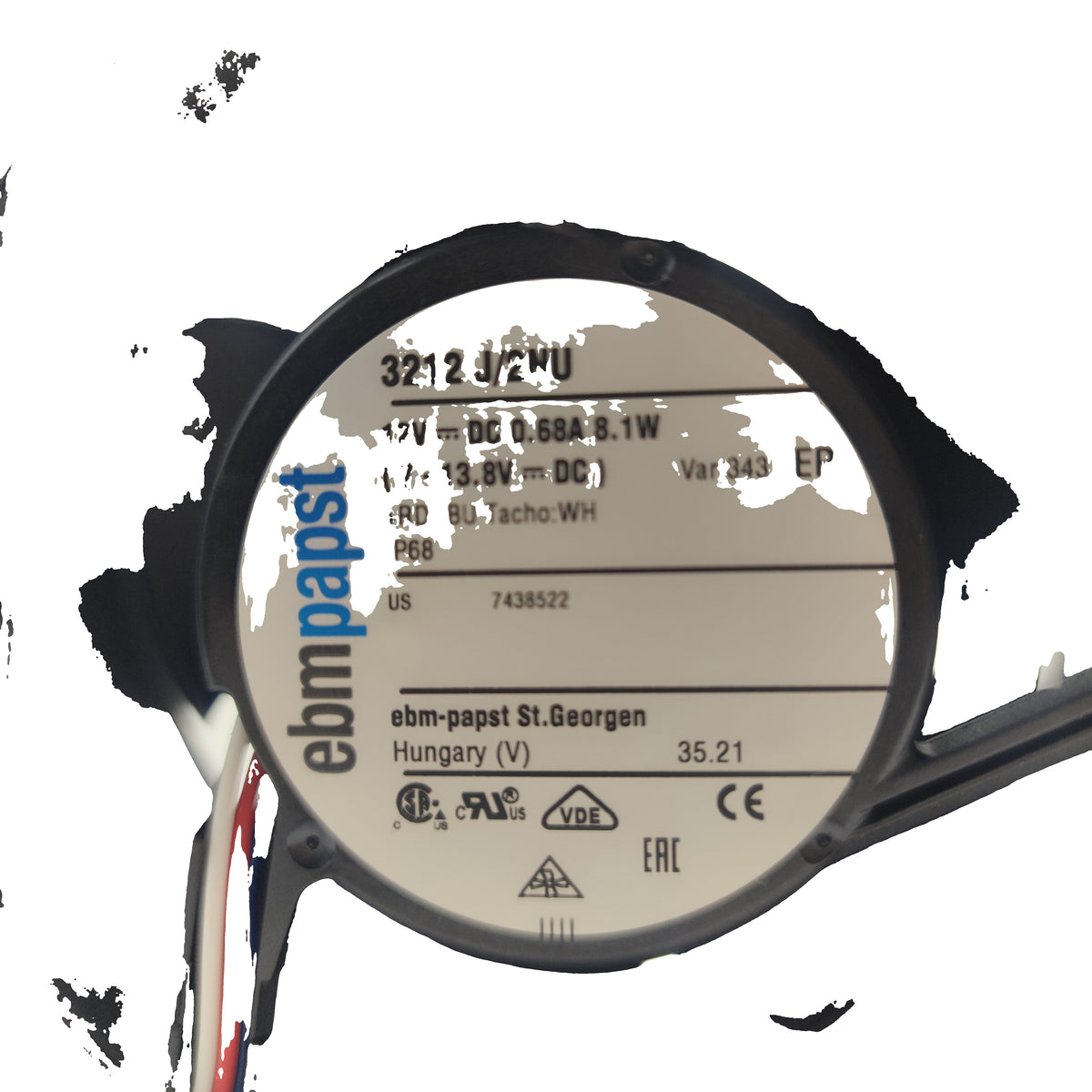 Nameplate detail of ebm-papst 3212J/2NU-343 compact fan