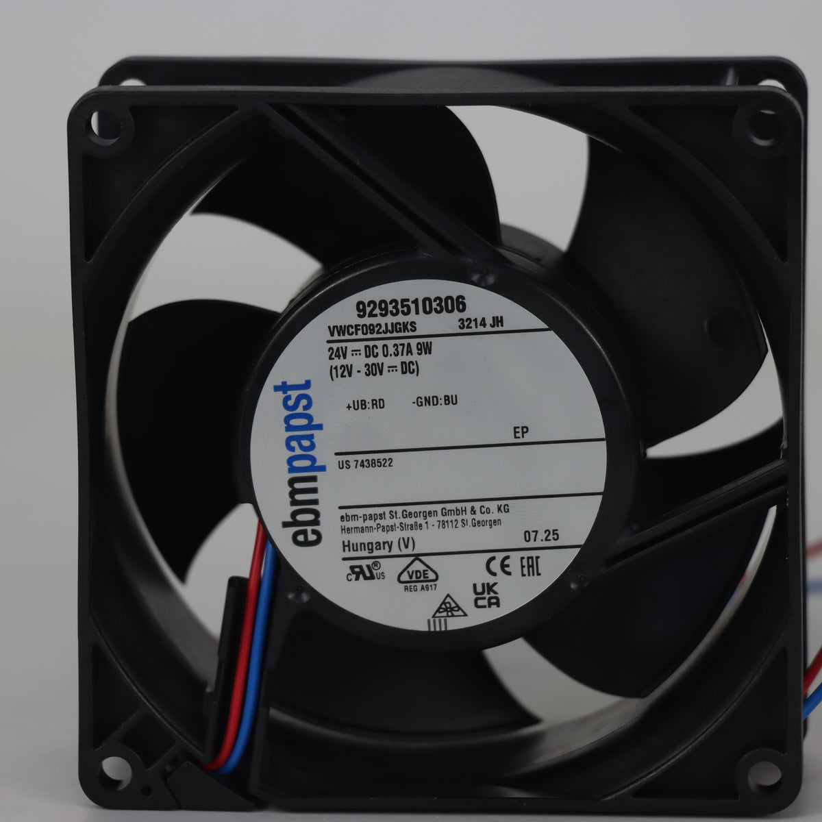 Nameplate detail of ebm-papst 3214JH compact fan