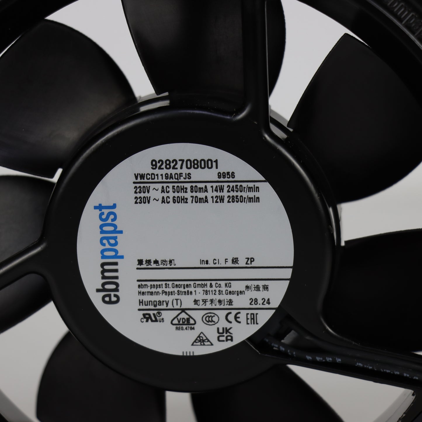 Nameplate detail of ebm-papst 9956 compact fan