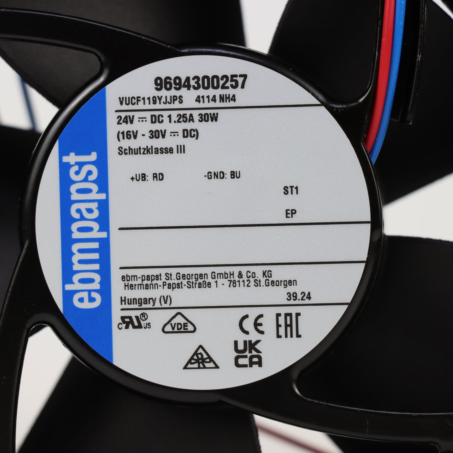 Nameplate detail of ebm-papst 4114NH4 compact fan