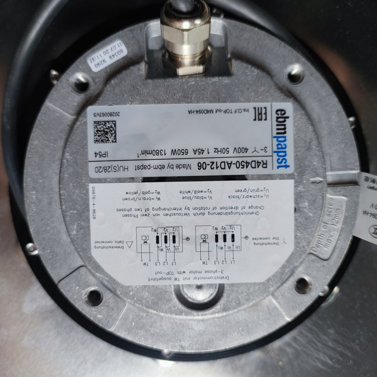 Nameplate detail of ebm-papst R4D450-AD12-06 centrifugal fan