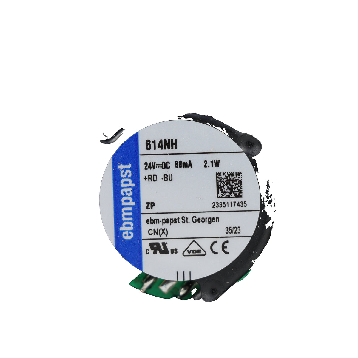Nameplate detail of ebm-papst 614NH compact fan