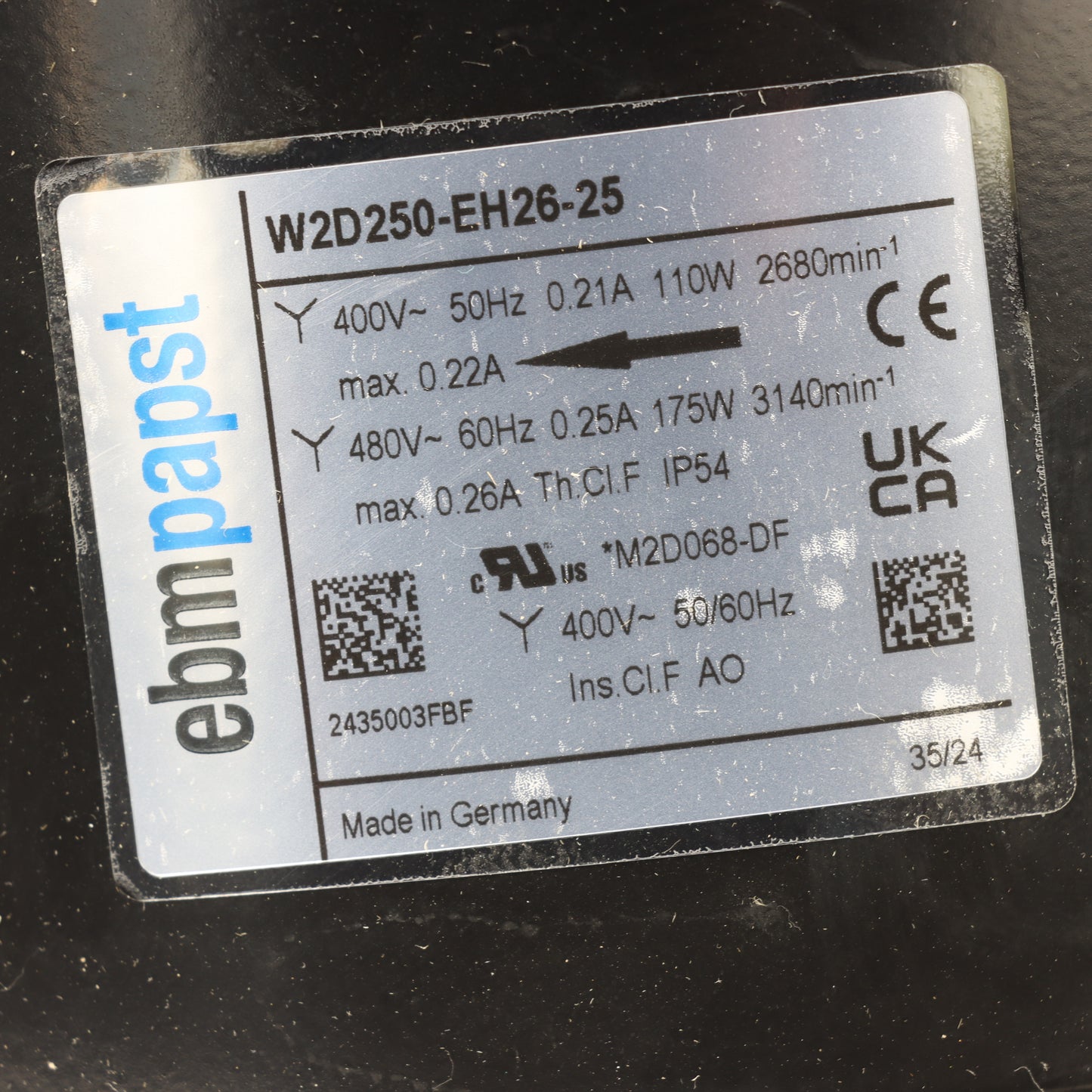 Nameplate detail of ebm-papst W2D250-EH26-25 axial fan