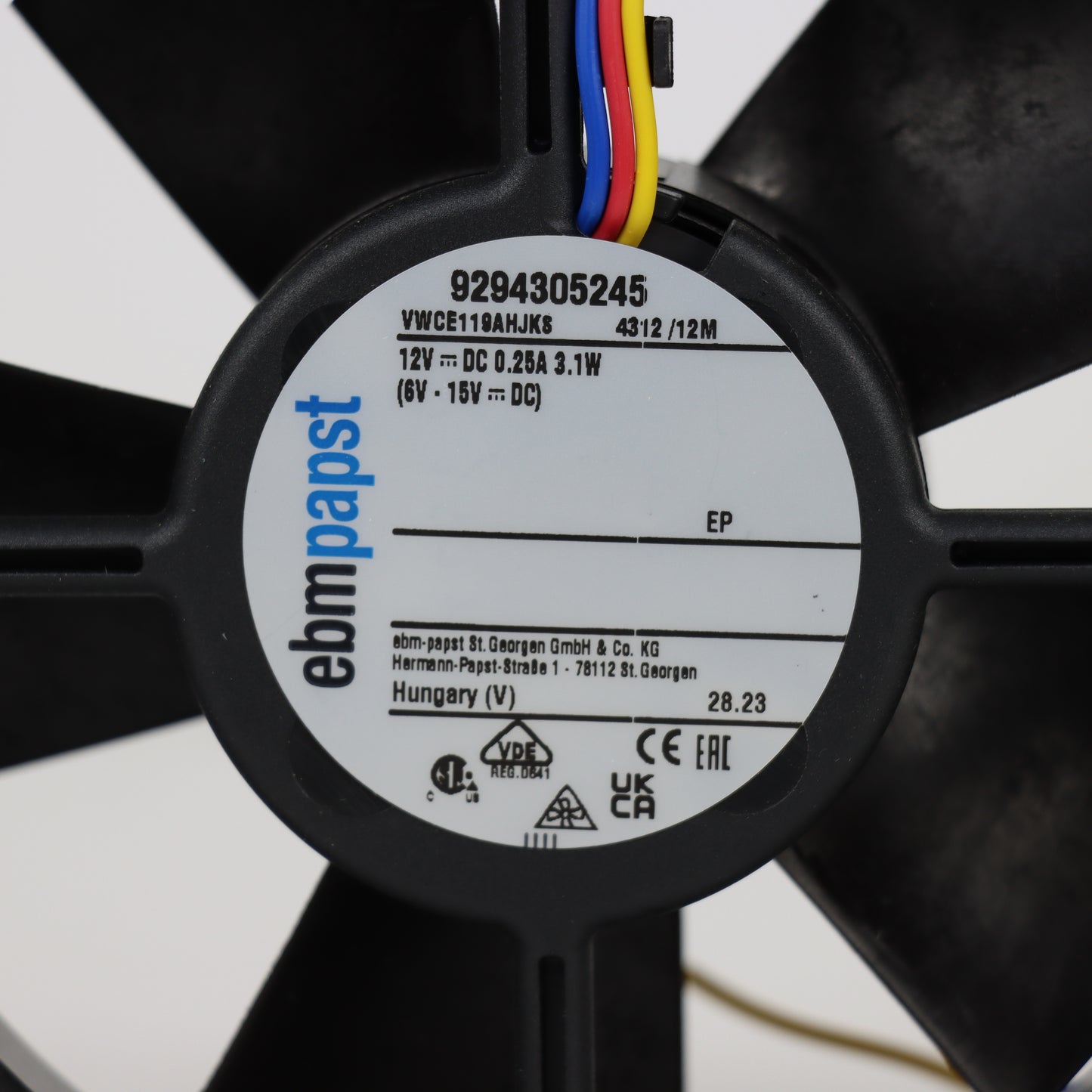 Nameplate detail of ebm-papst 4312/12M compact fan