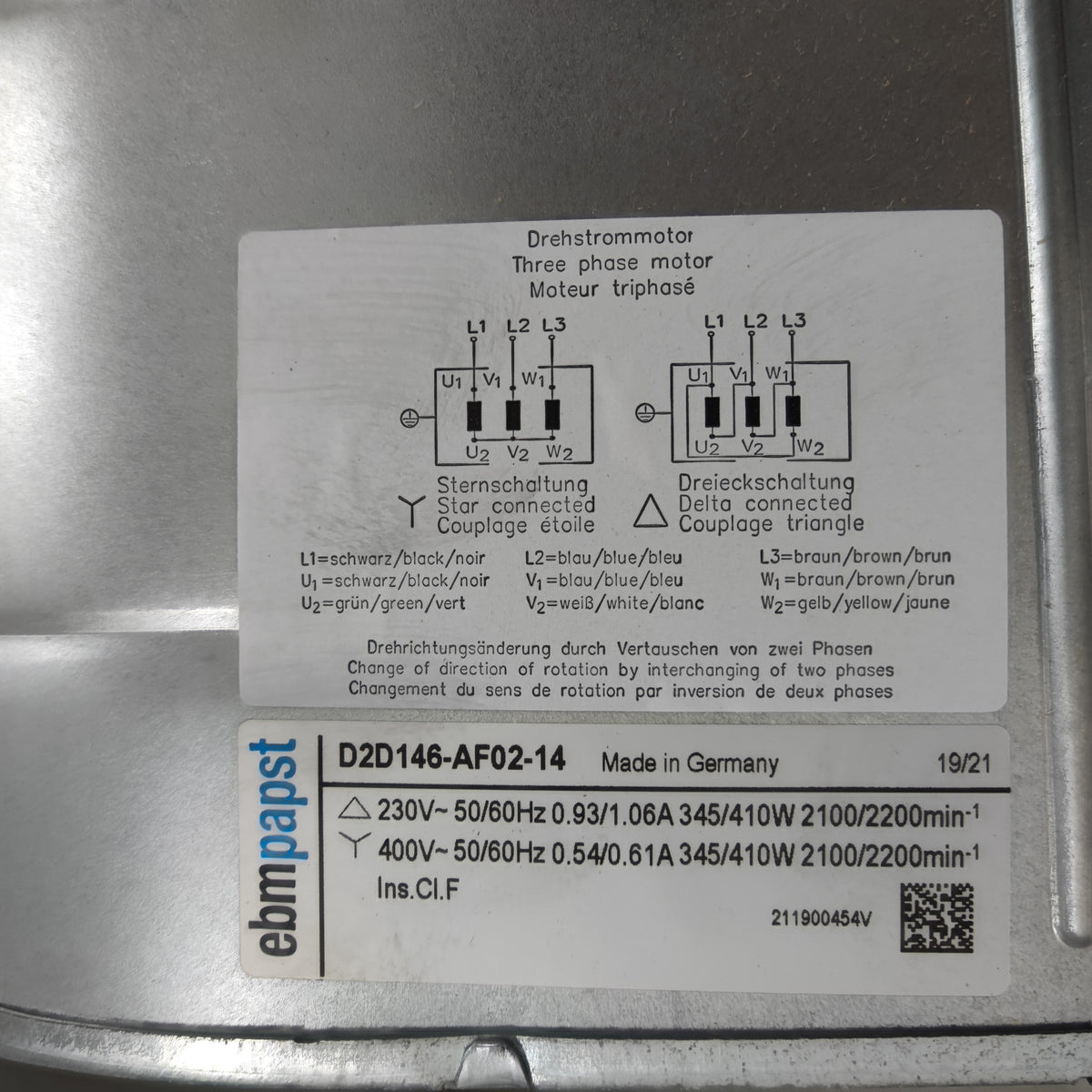 Nameplate detail of ebm-papst D2D146-AF02-14 centrifugal fan