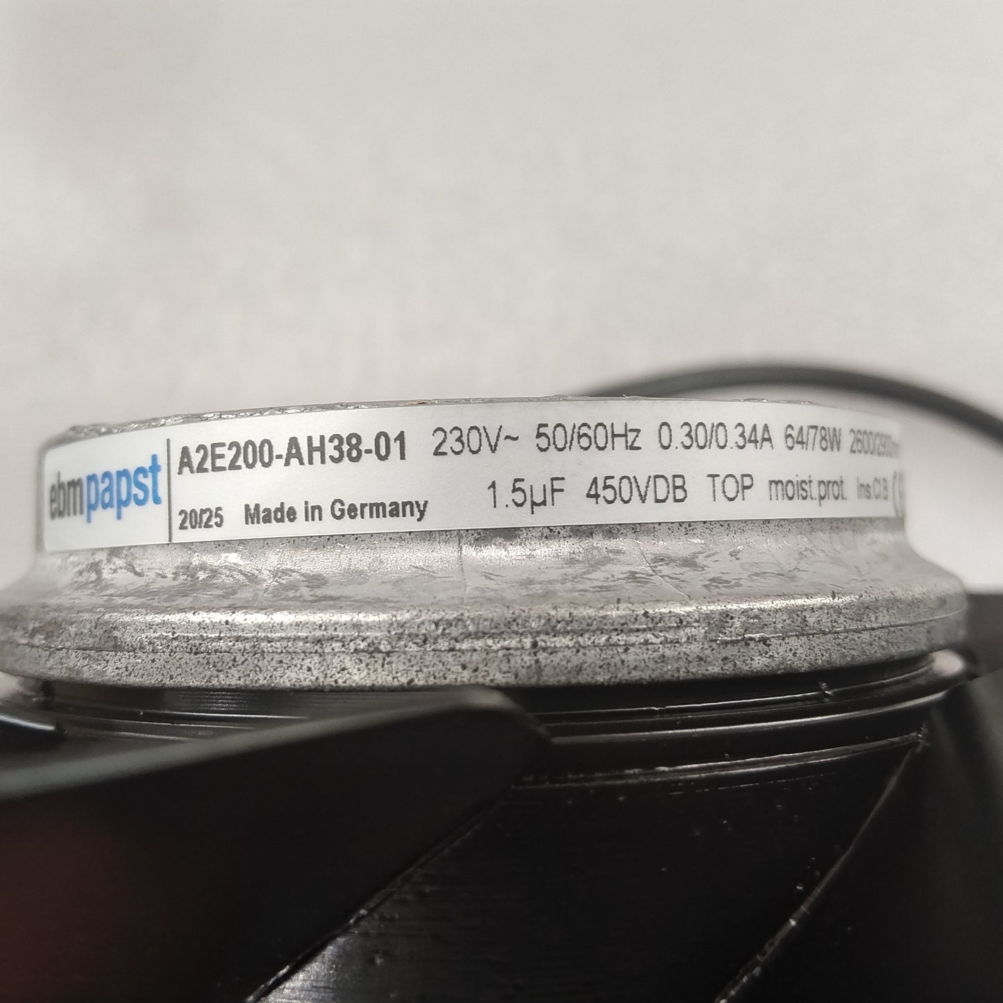 Nameplate detail of ebm-papst A2E200-AH38-01 axial fan