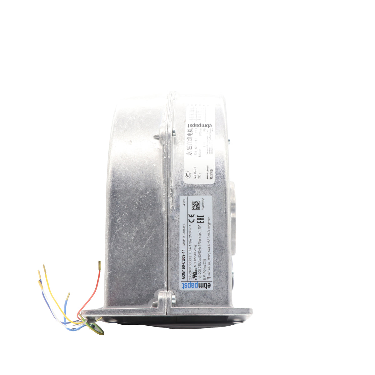 Side view of ebm-papst G3G160-CU09-11 centrifugal fan