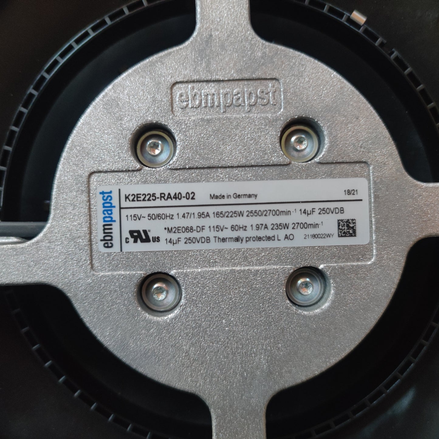 Nameplate detail of ebm-papst K2E225-RA40-02 centrifugal fan