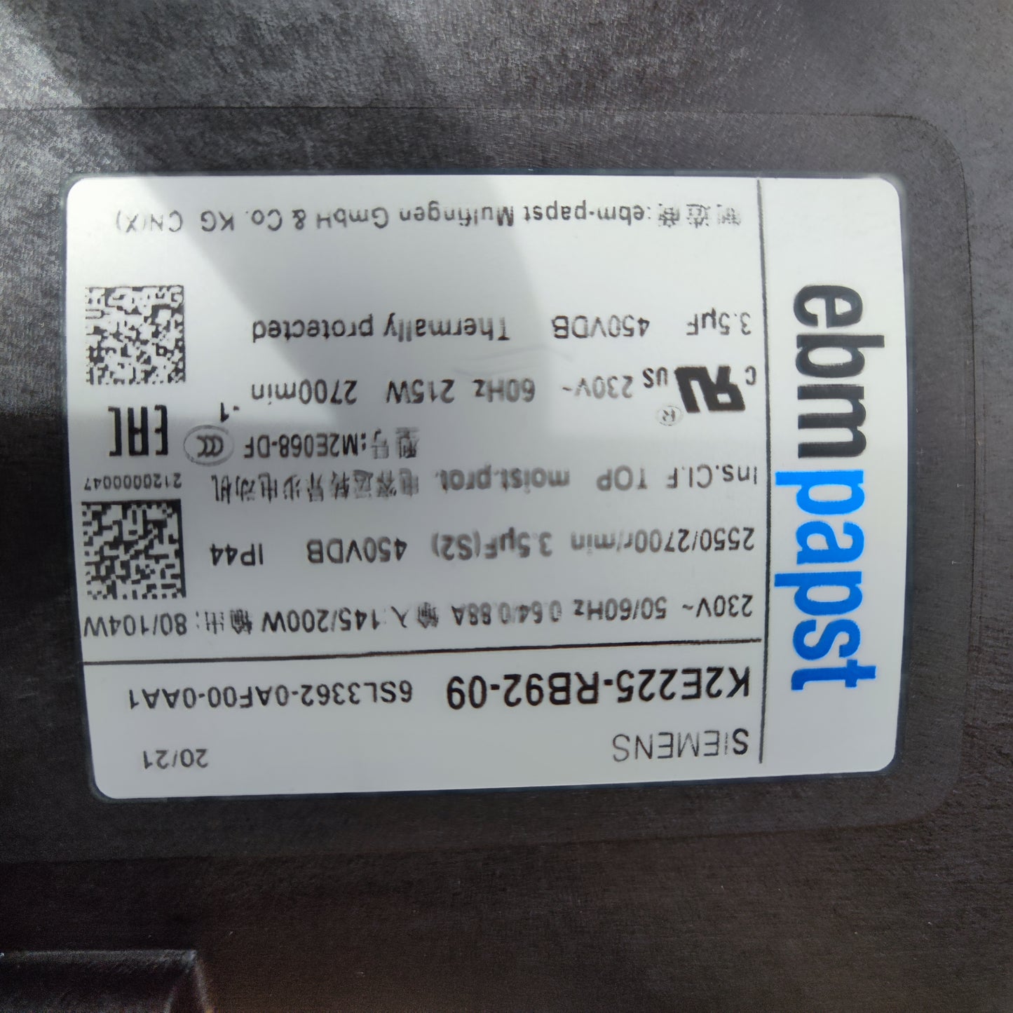 ebmpapst K2E225-RB92-09 Centrifugal Fan 225mm 230V 2550RPM 145W 890Pa