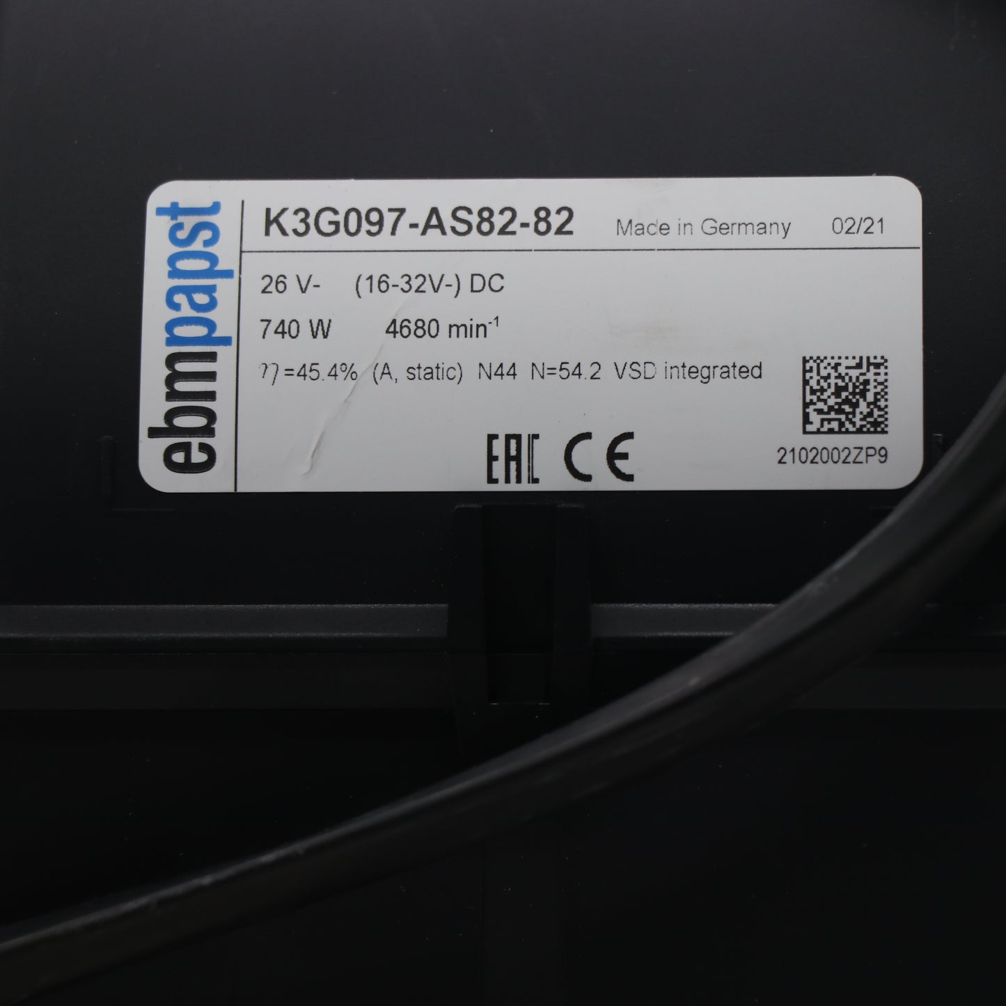 Nameplate detail of ebm-papst K3G097-AS82-82 centrifugal fan