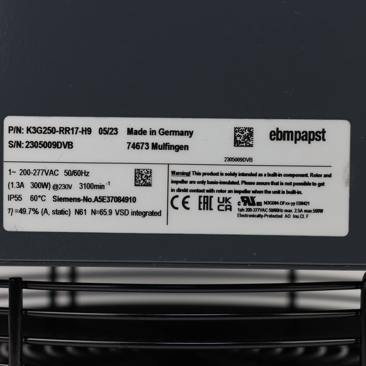 Nameplate detail of ebm-papst K3G250-RR17-H9 centrifugal fan