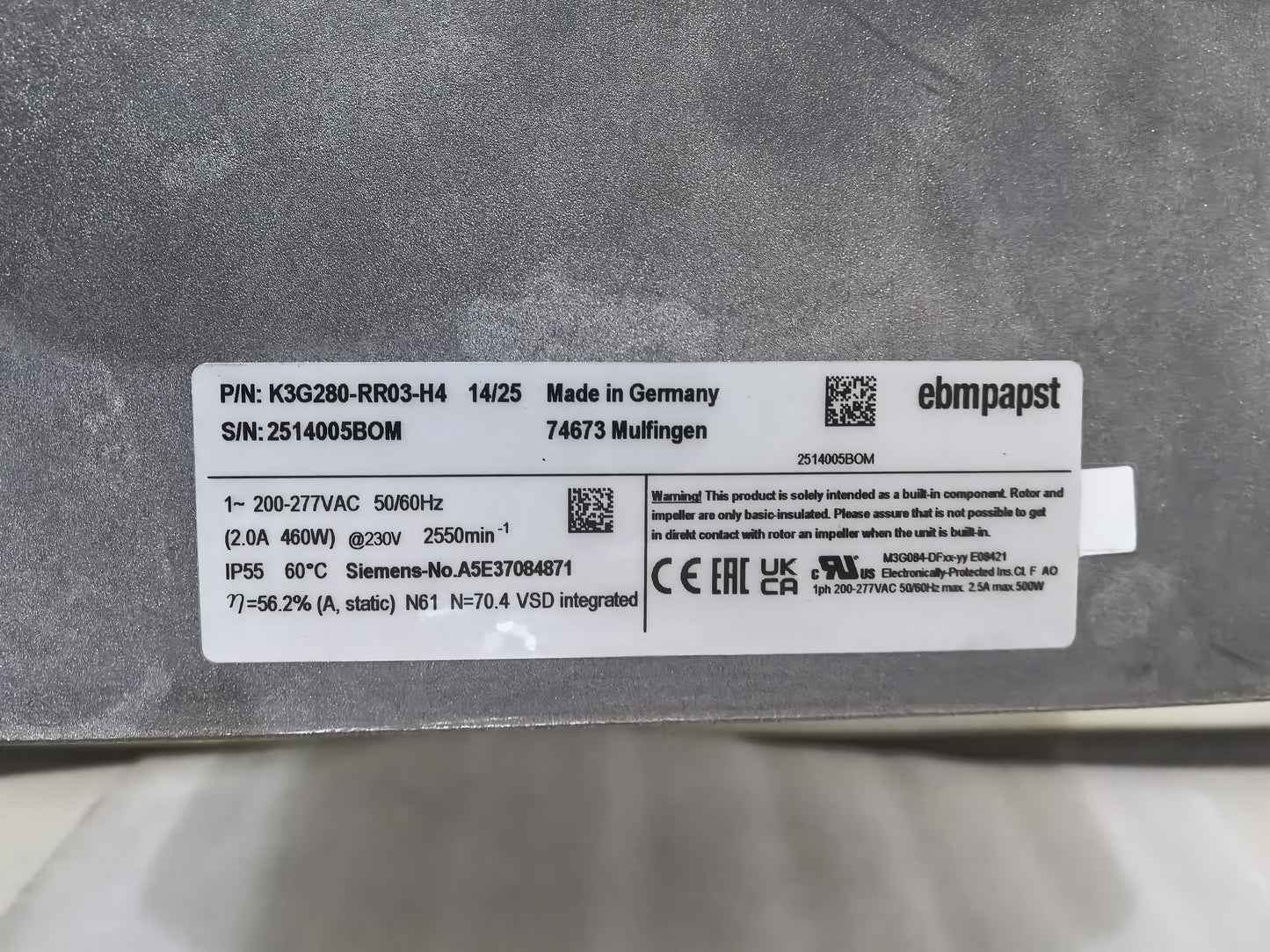 Nameplate detail of ebm-papst K3G280-RR03-H4 centrifugal fan