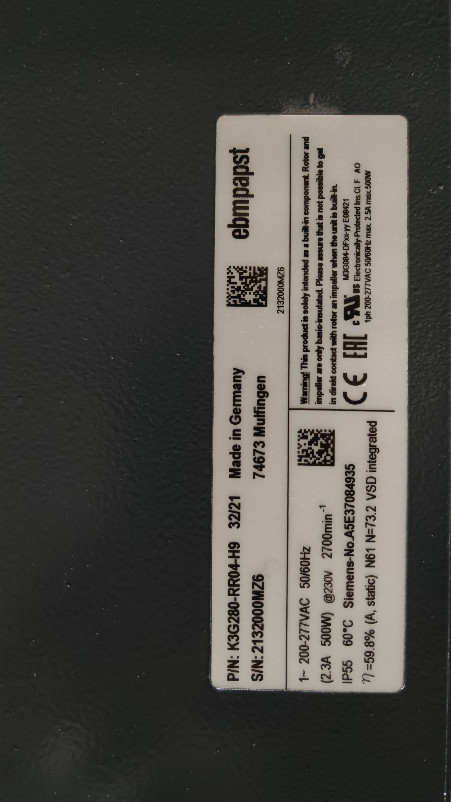 Nameplate detail of ebm-papst K3G280-RR04-H9 industrial fan