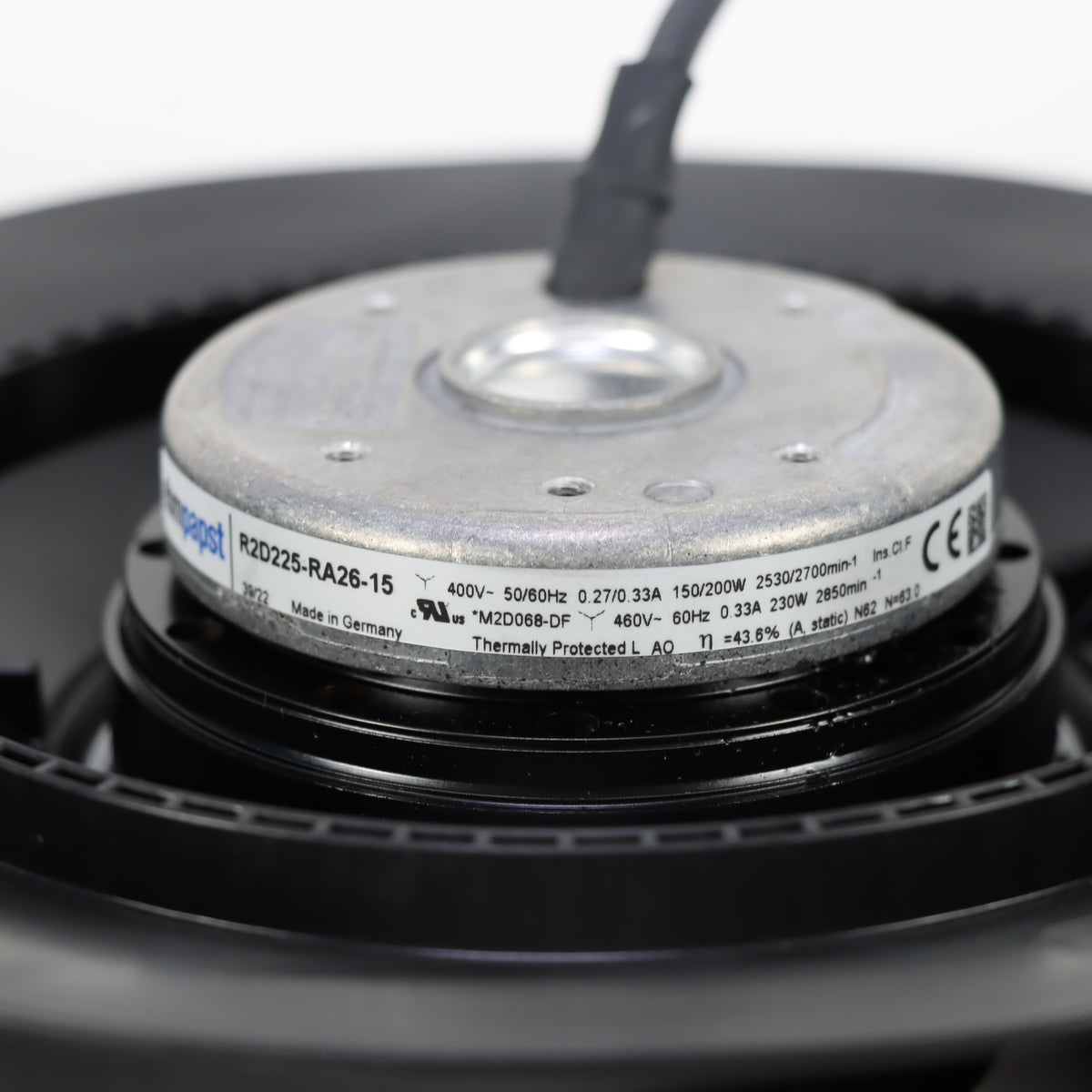 Nameplate detail of ebm-papst R2D225-RA26-15 centrifugal fan