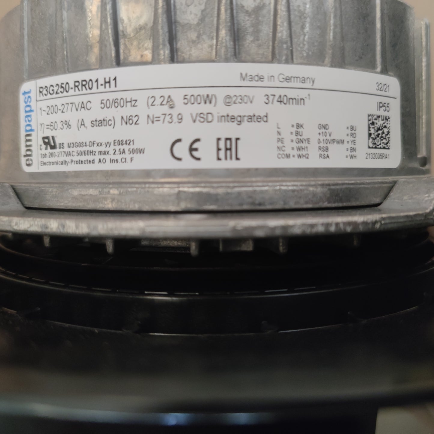 ebmpapst R3G250-RR01-H1 Centrifugal Fan 250mm 230V 4100RPM 2210m³/h 500W 1100Pa