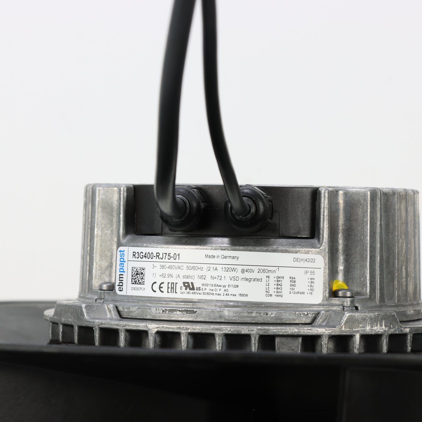 Nameplate detail of ebm-papst R3G400-RJ75-01 centrifugal fan
