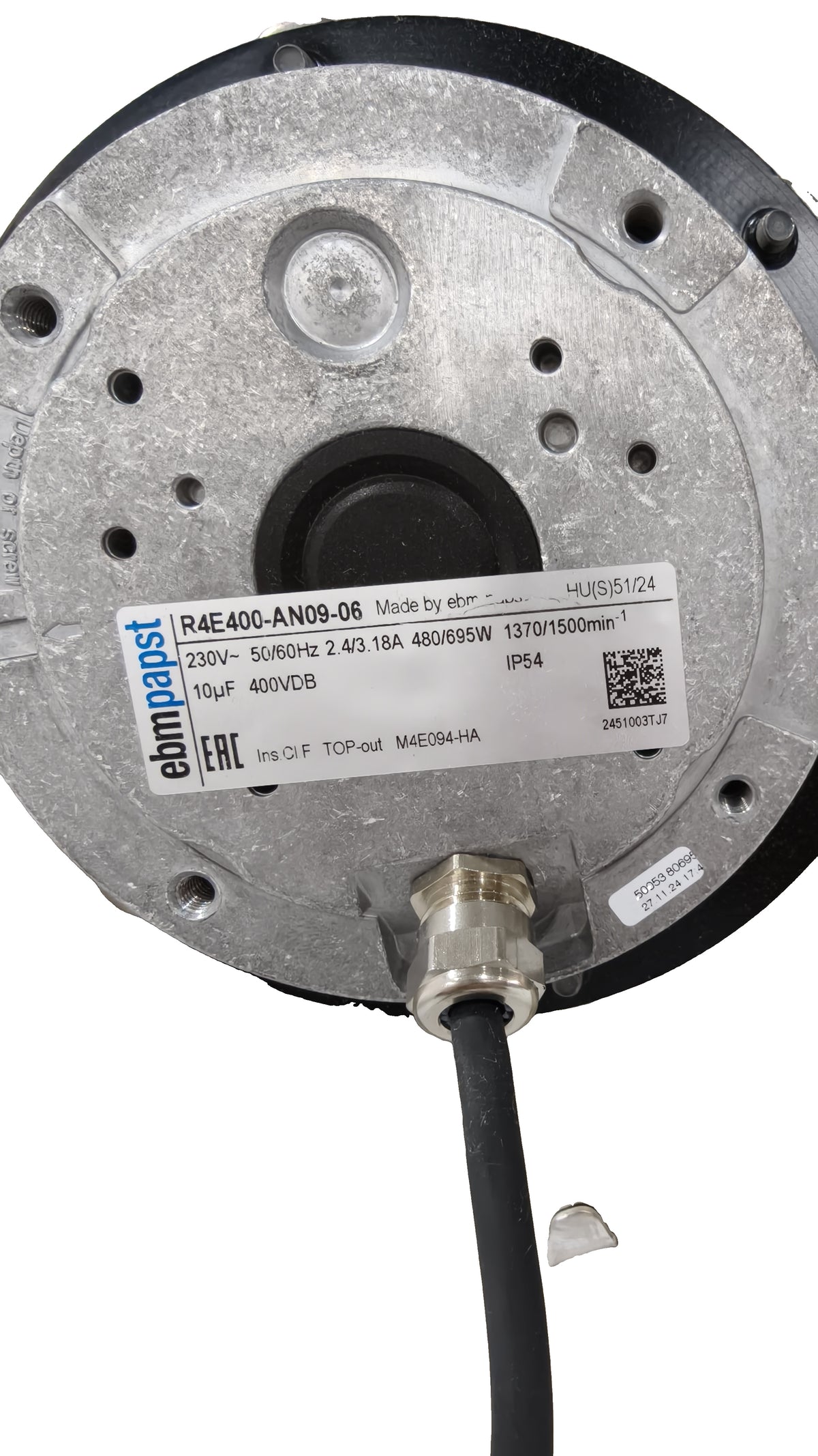 Nameplate detail of ebm-papst R4E400-AN09-06 centrifugal fan