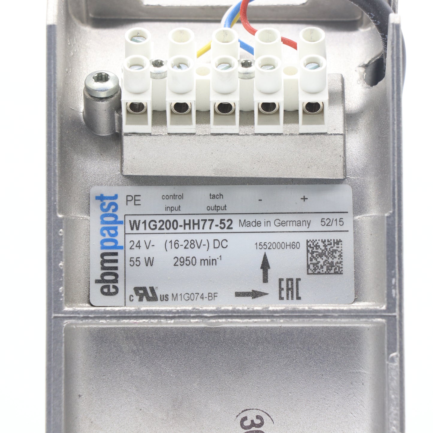 Nameplate detail of ebm-papst W1G200-HH77-52 axial fan