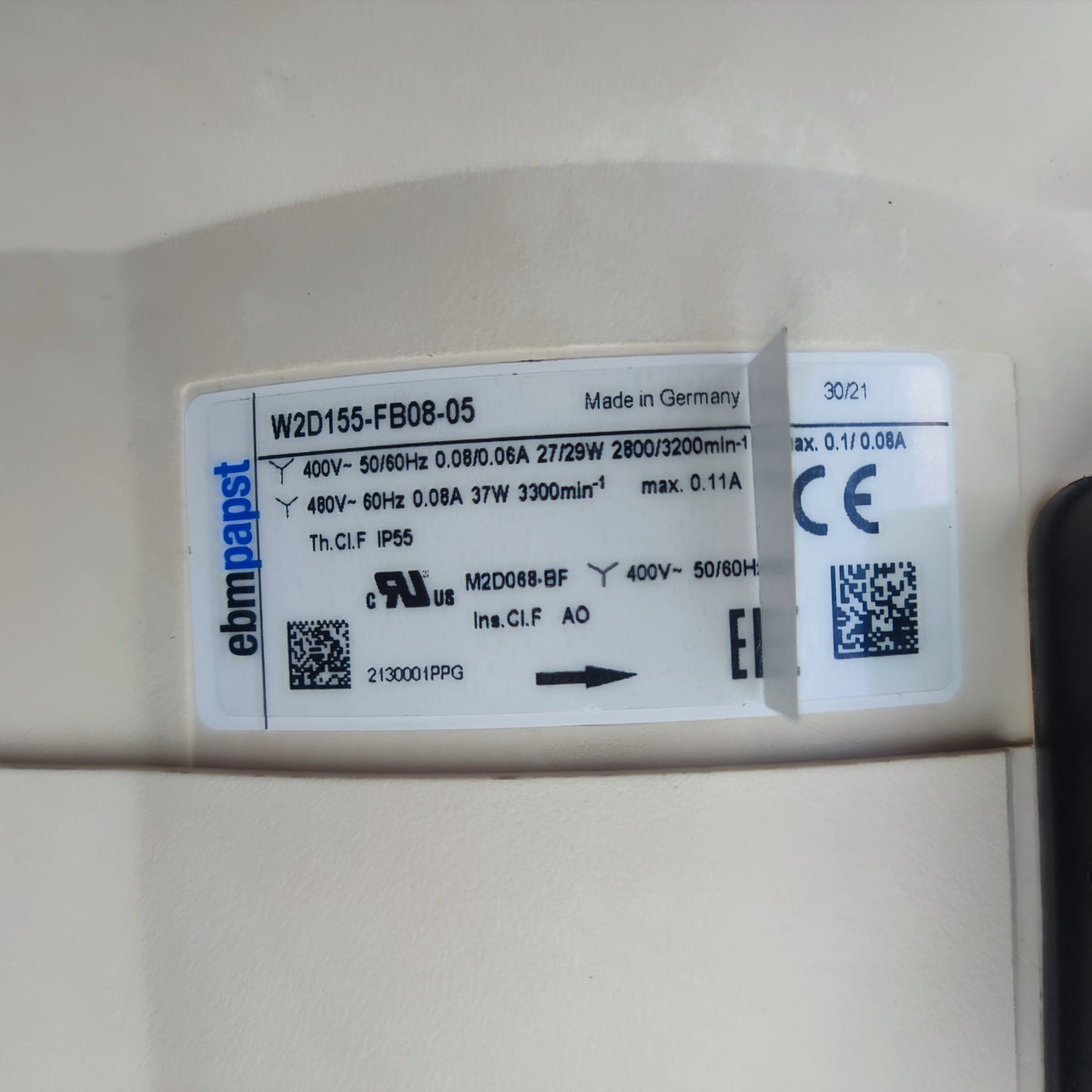 Nameplate detail of ebm-papst W2D155-FB08-05 axial fan