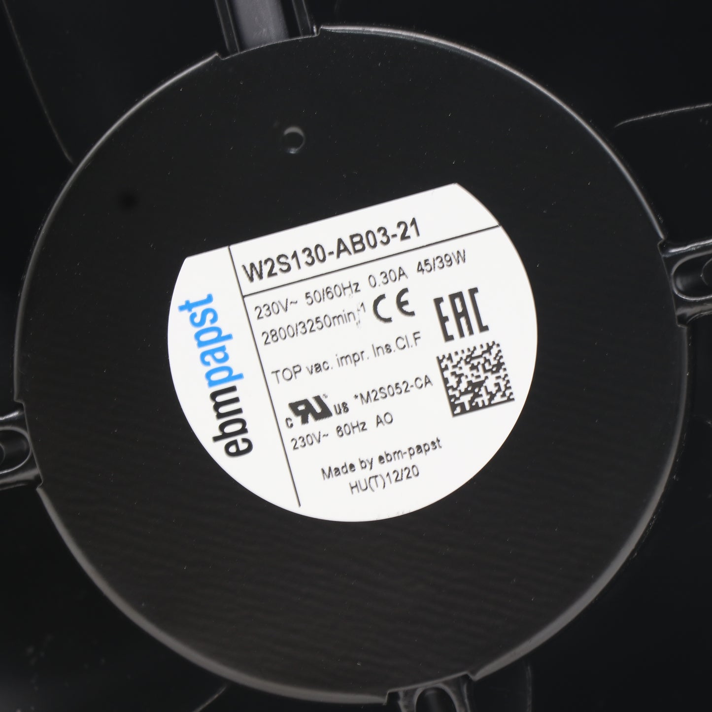 Nameplate detail of ebm-papst W2S130-AB03-21 axial fan