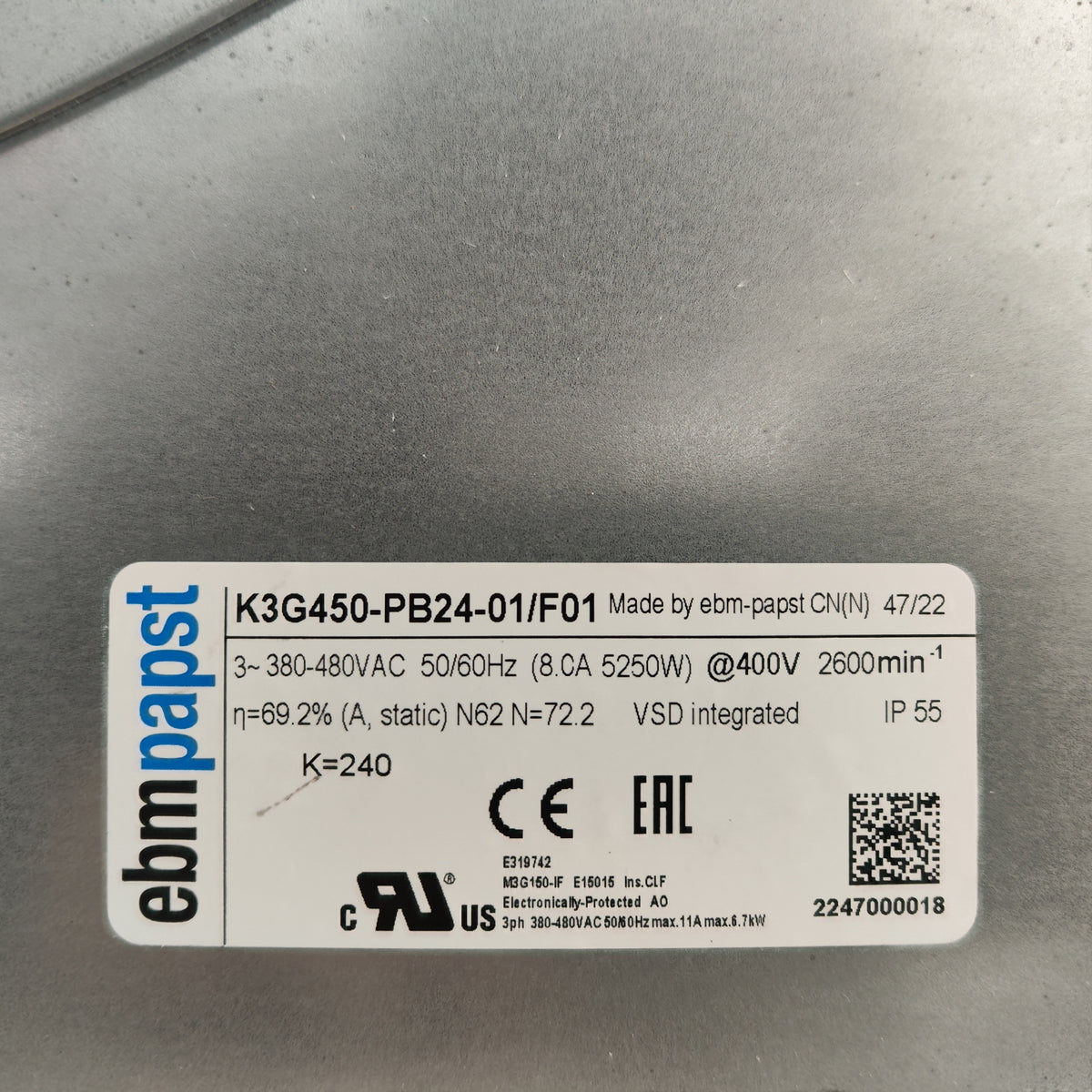 ebm-papst 5250W K3G450-PB24-01/F01 Centrifugal Fan 1400Pa
