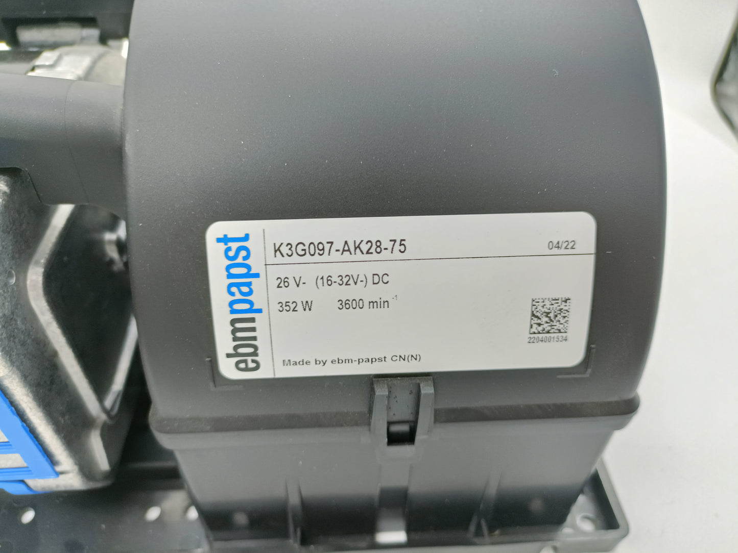 Nameplate detail of ebm-papst K3G097-AK28-75 centrifugal fan