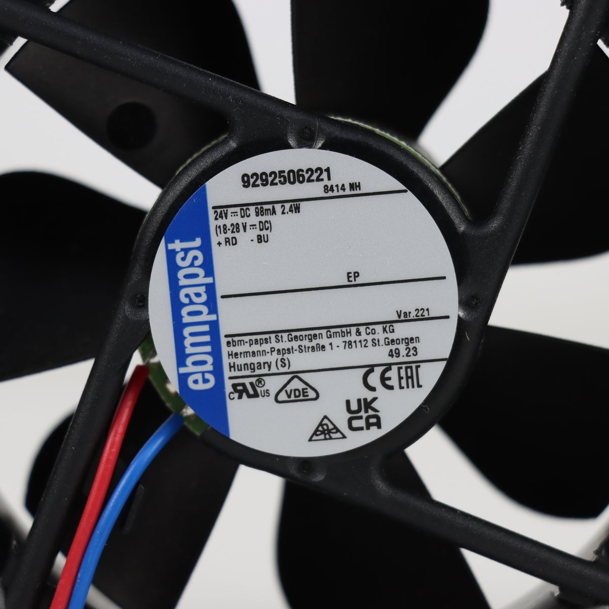 Nameplate detail of ebm-papst 8414NH-221 compact fan
