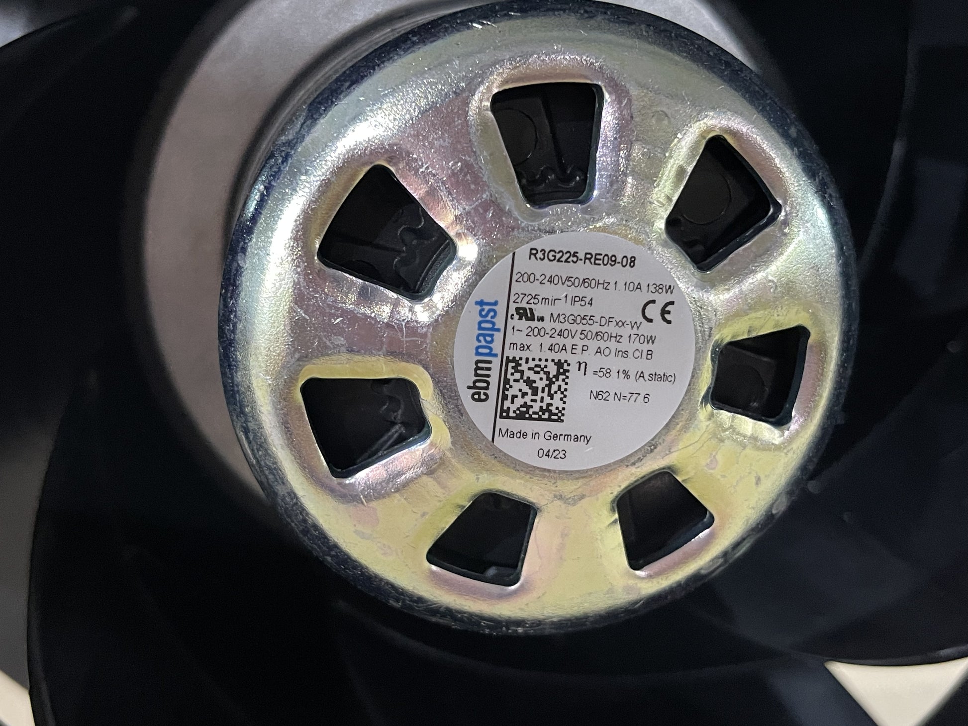 Nameplate detail of ebm-papst R3G225-RE09-08 centrifugal fan