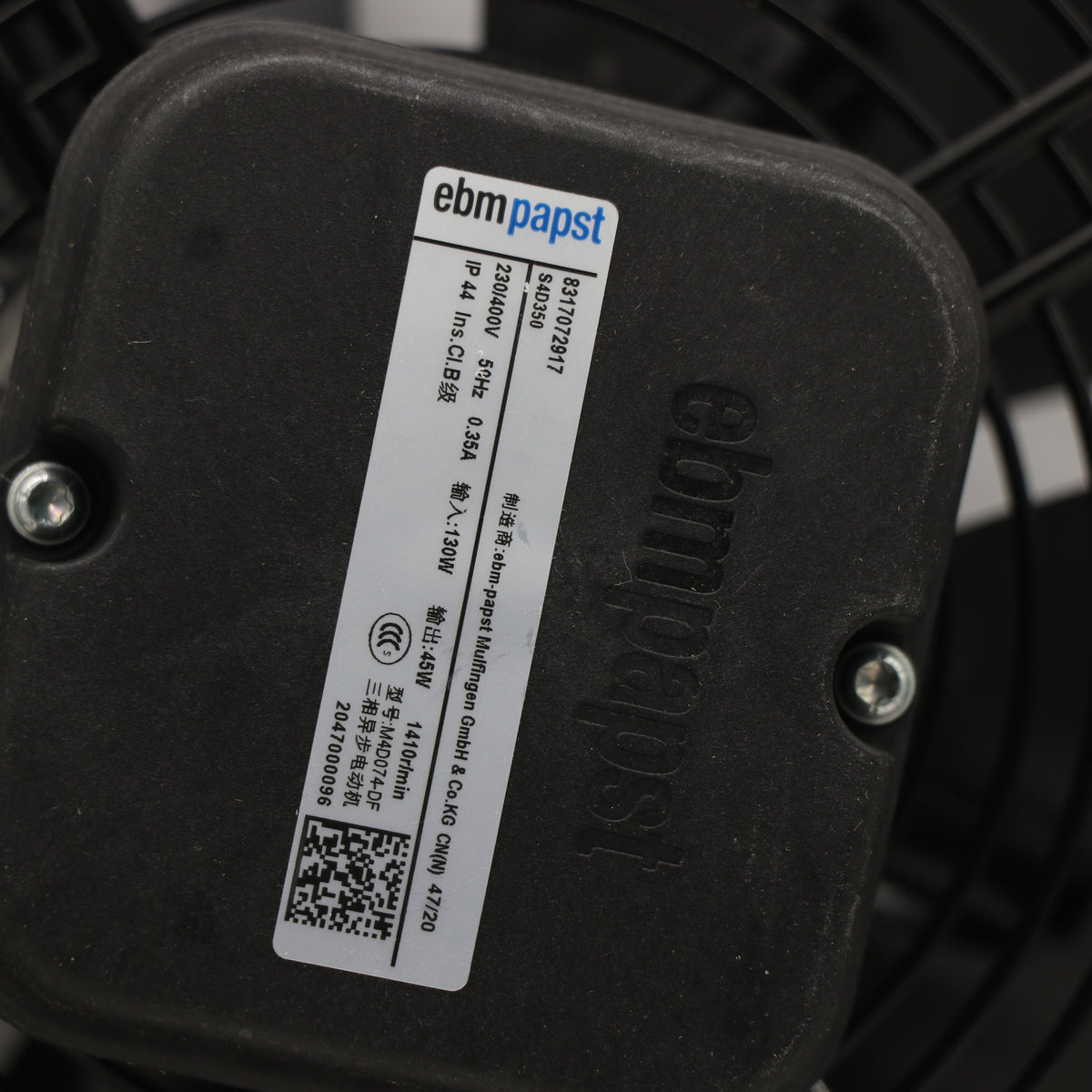 Nameplate detail of ebm-papst S4D350 8317072917 axial fan