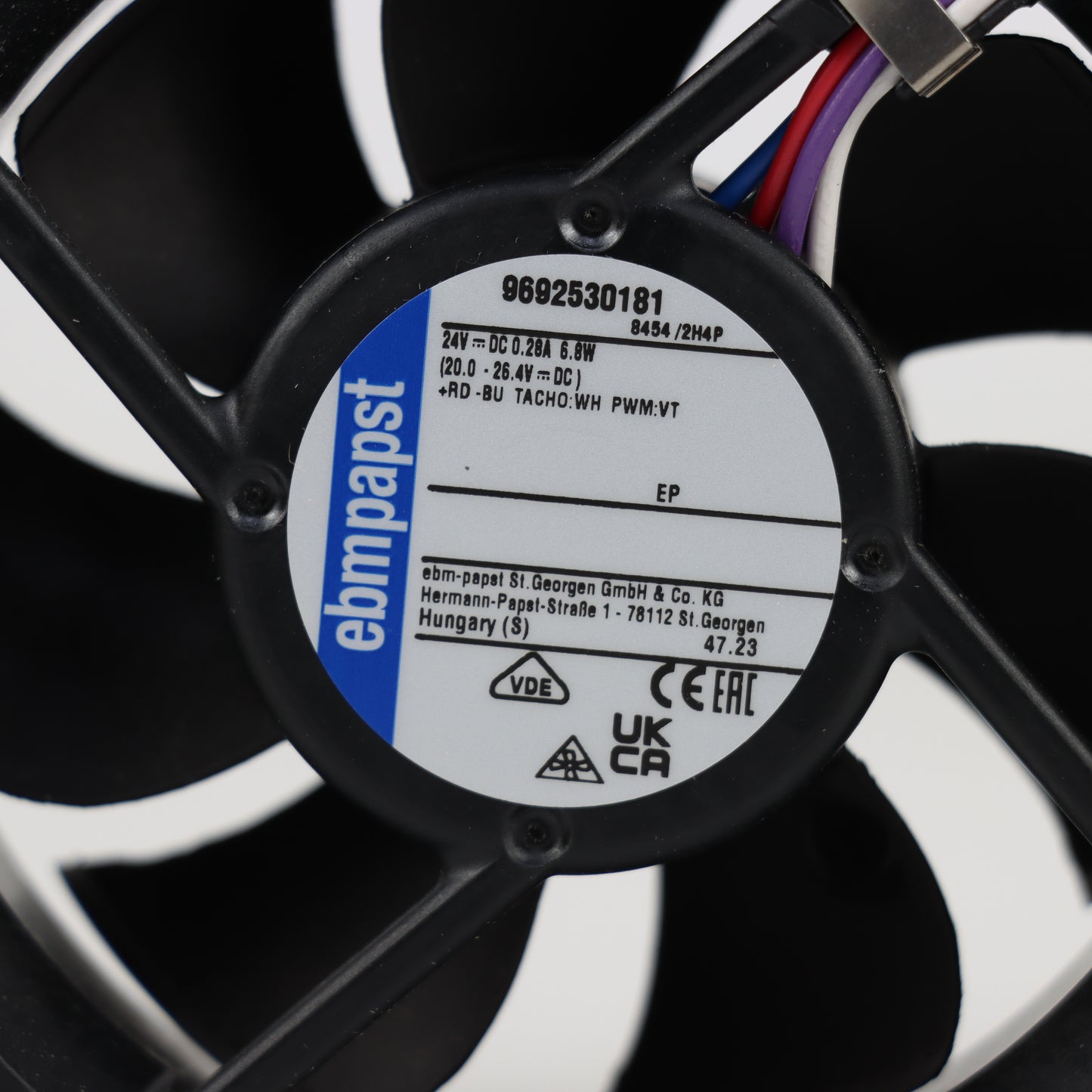 Nameplate detail of ebm-papst 8454/2H4P compact fan