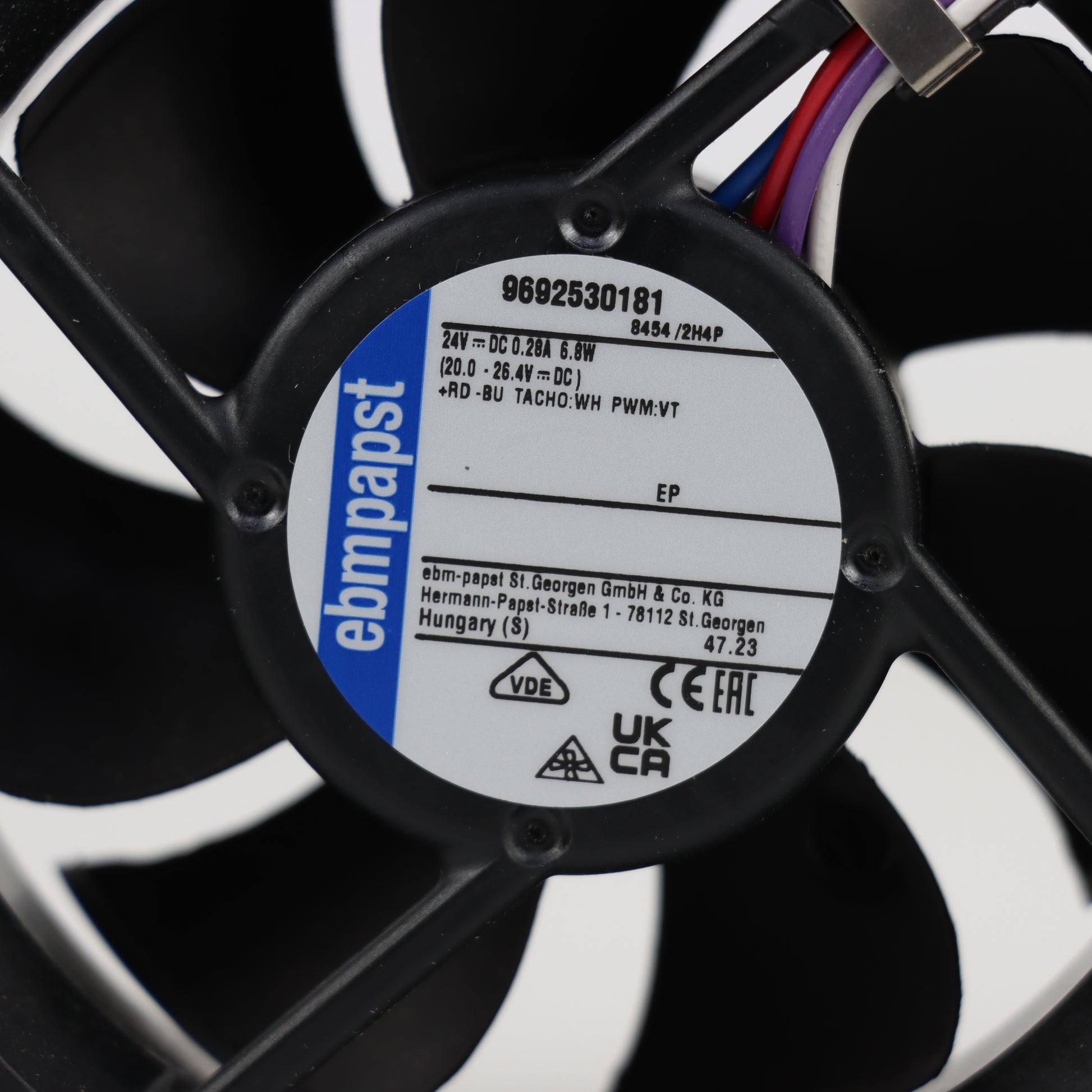 Nameplate detail of ebm-papst 8454/2H4P compact fan