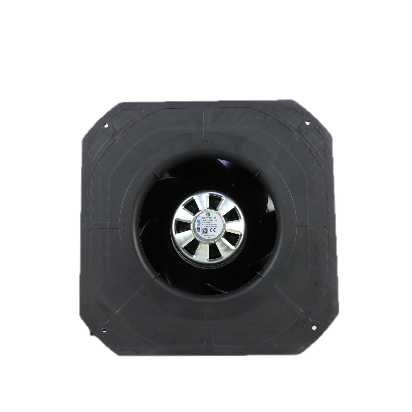 Front view of ebm-papst K3G250-RF51-10 centrifugal fan