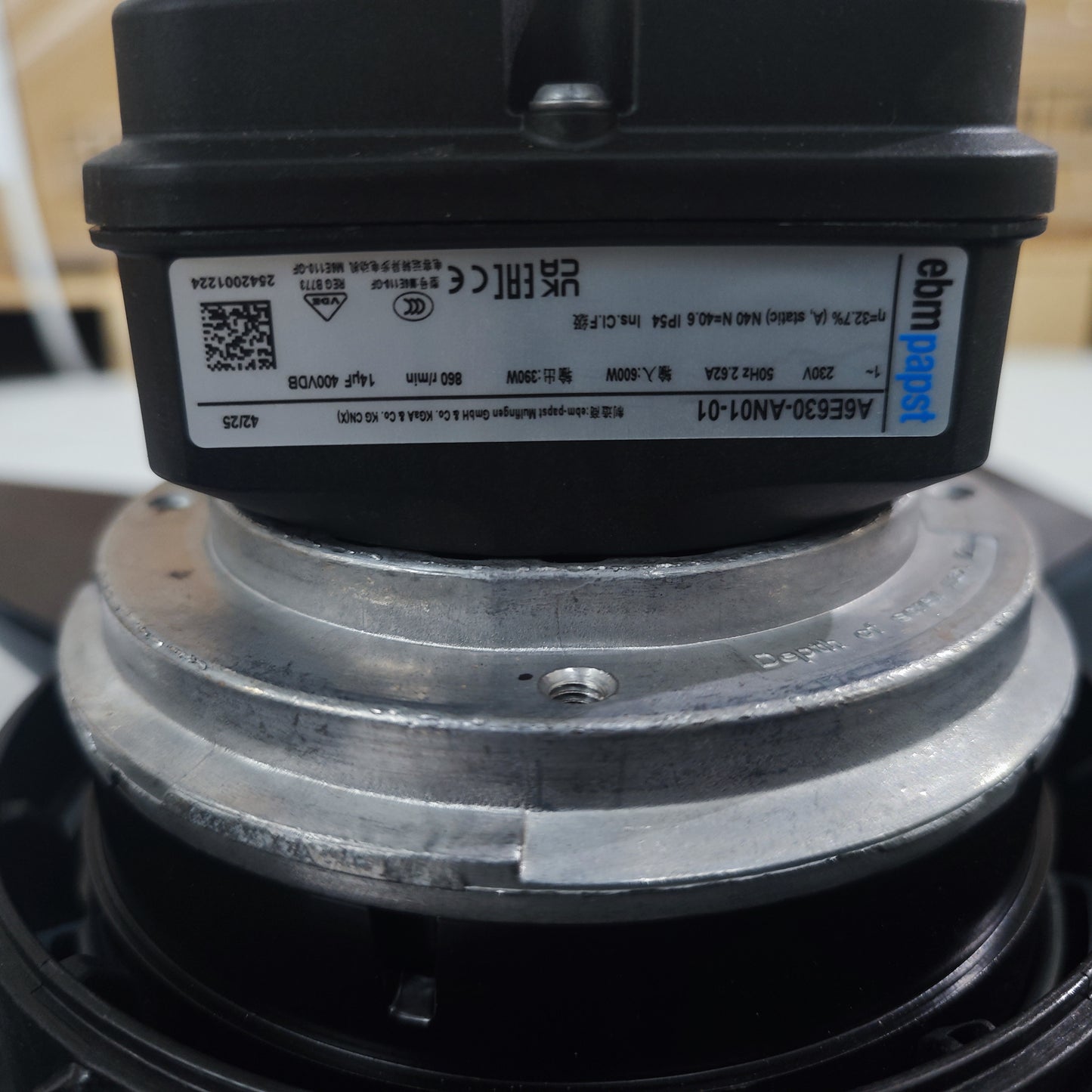 Nameplate detail of ebm-papst A6D630-AN01-01 axial fan