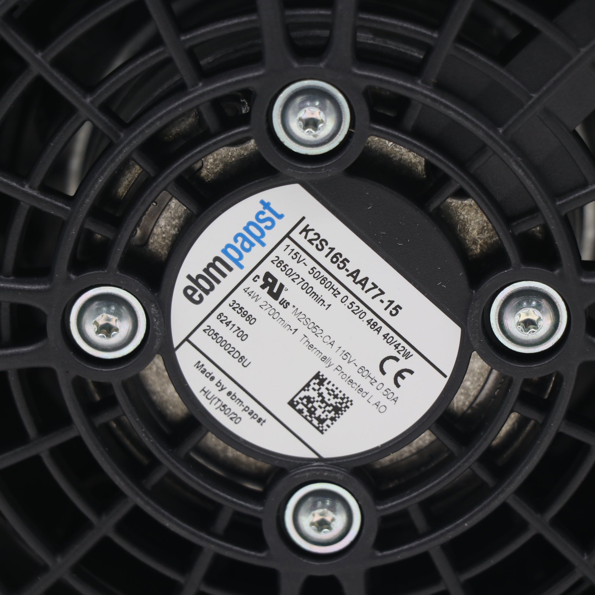 Nameplate detail of ebm-papst K2S165-AA77-15 axial fan