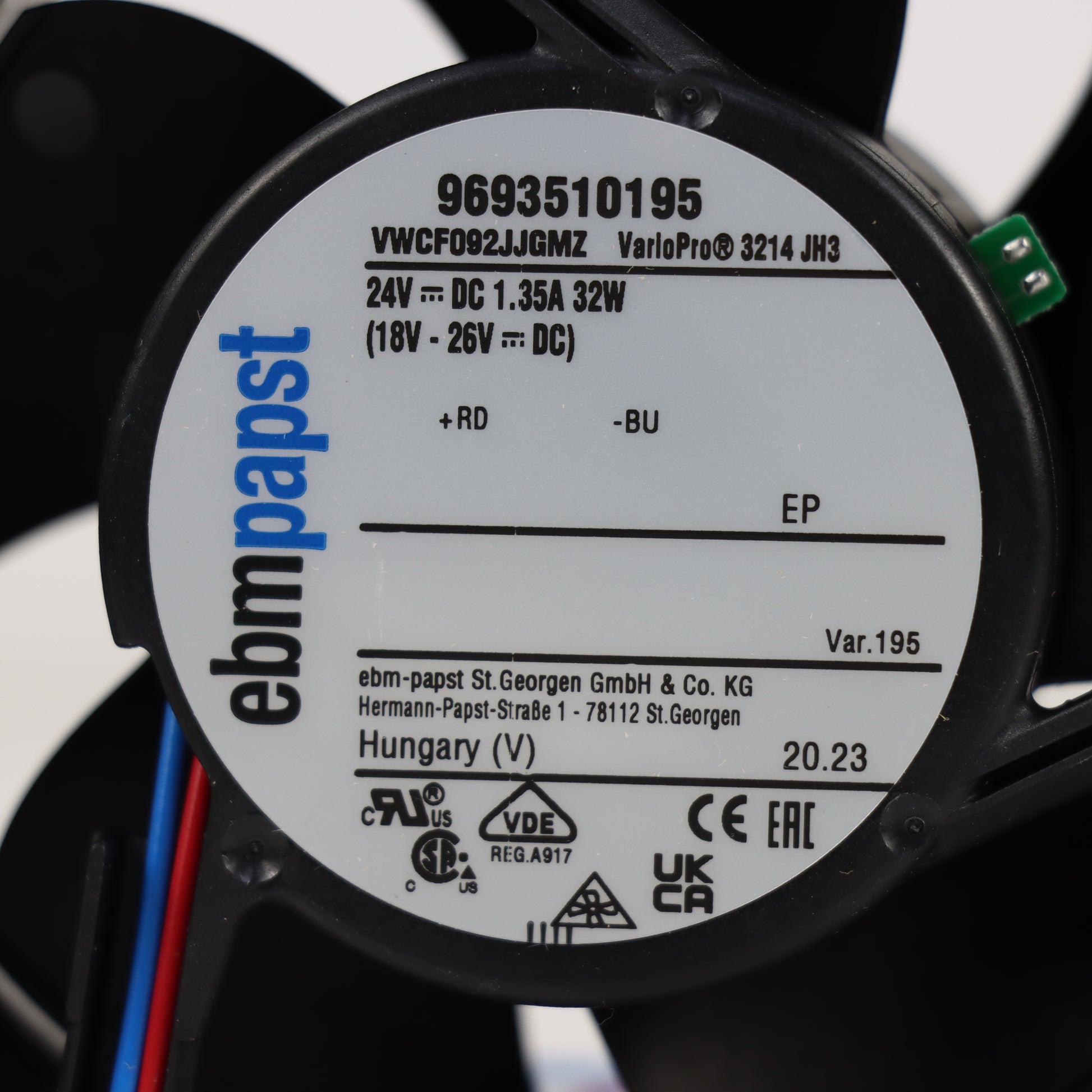 Nameplate detail of ebm-papst 3214JH3-195 compact fan