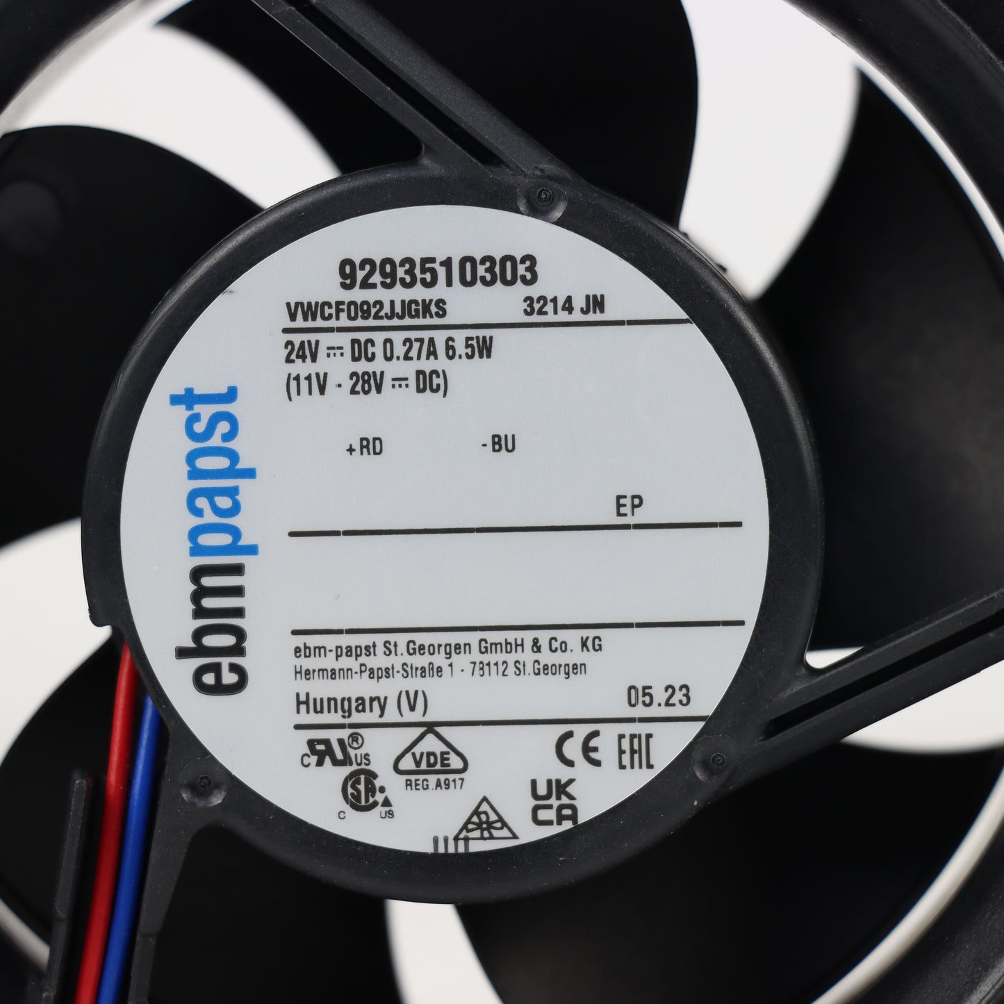 Nameplate detail of ebm-papst 3214JN compact fan