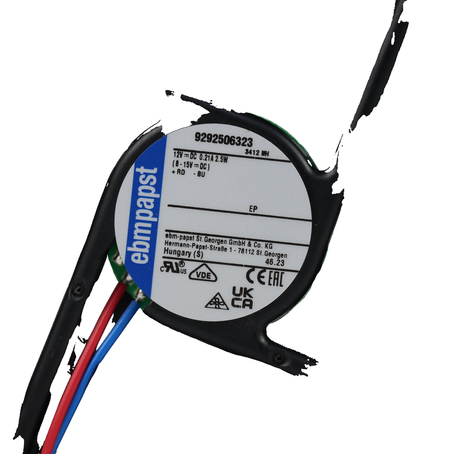 Nameplate detail of ebm-papst 3412NH compact fan