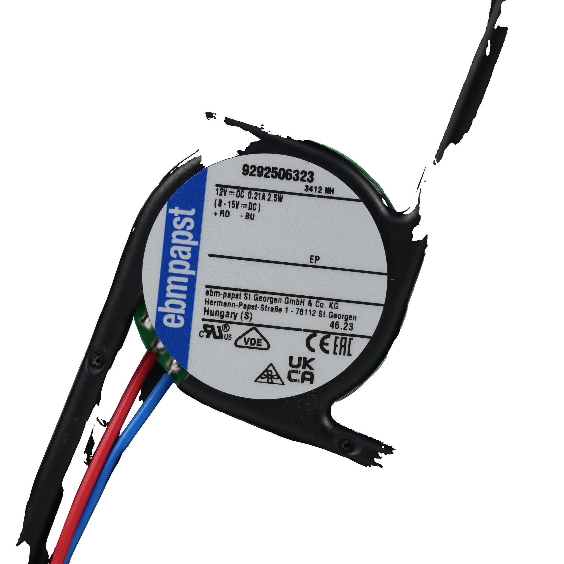 Nameplate detail of ebm-papst 3412NH compact fan