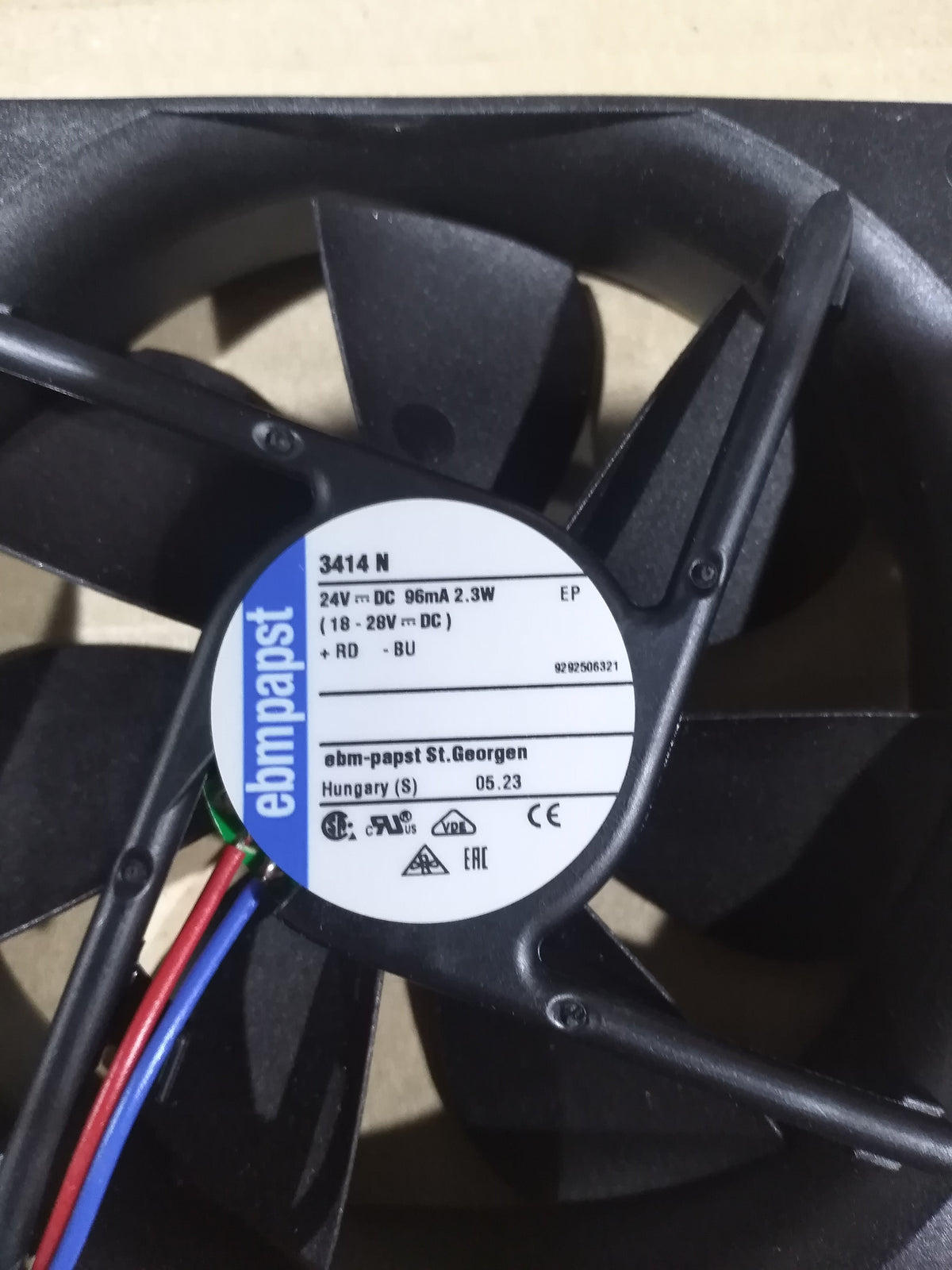 Nameplate detail of ebm-papst 3414N compact fan