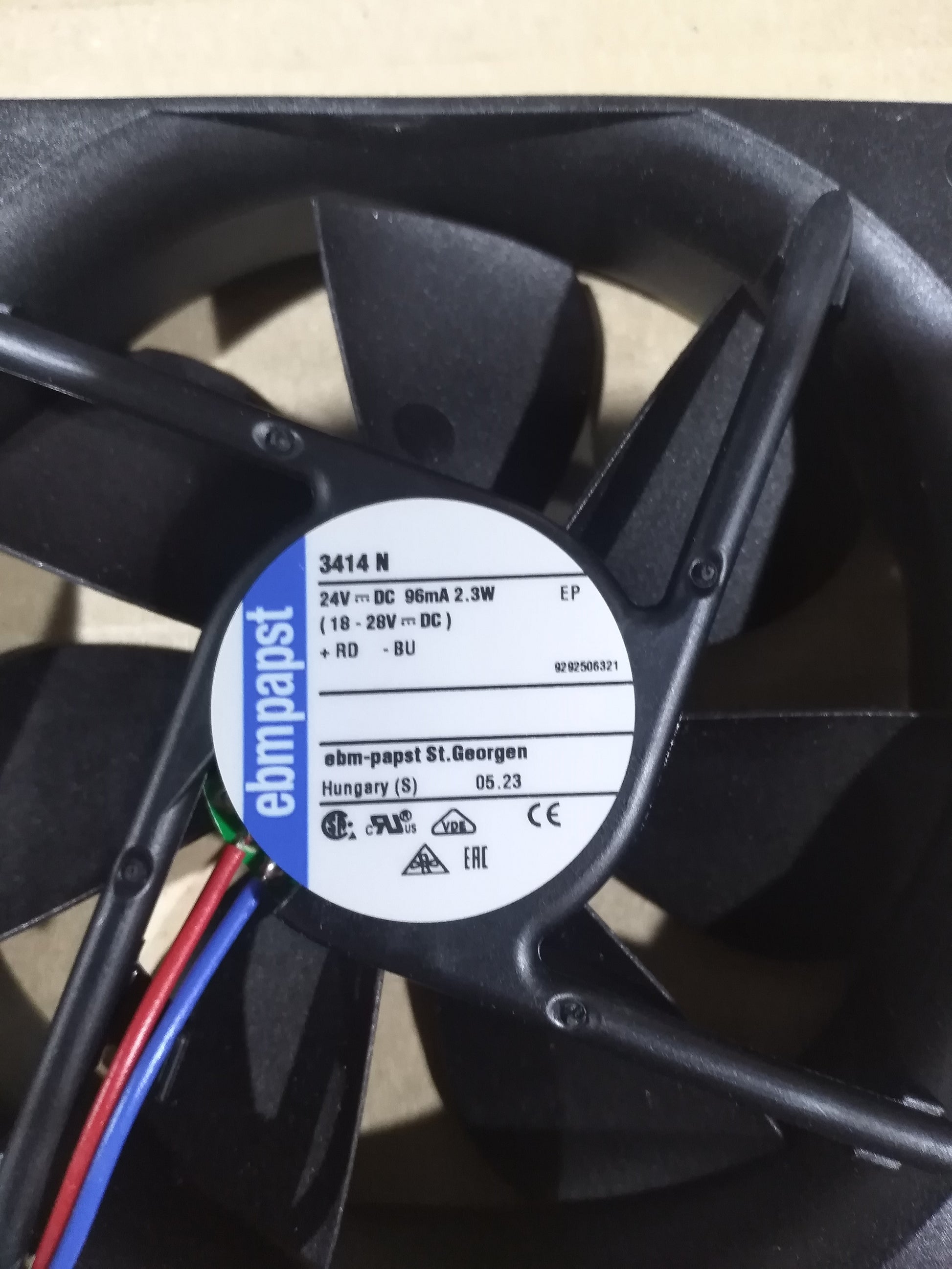Nameplate detail of ebm-papst 3414N compact fan