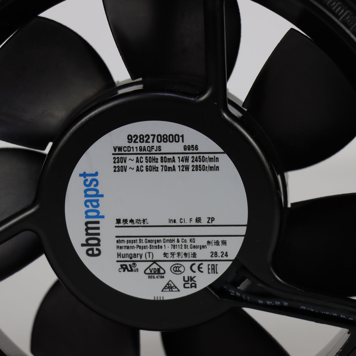 Nameplate detail of ebm-papst 9956 compact fan