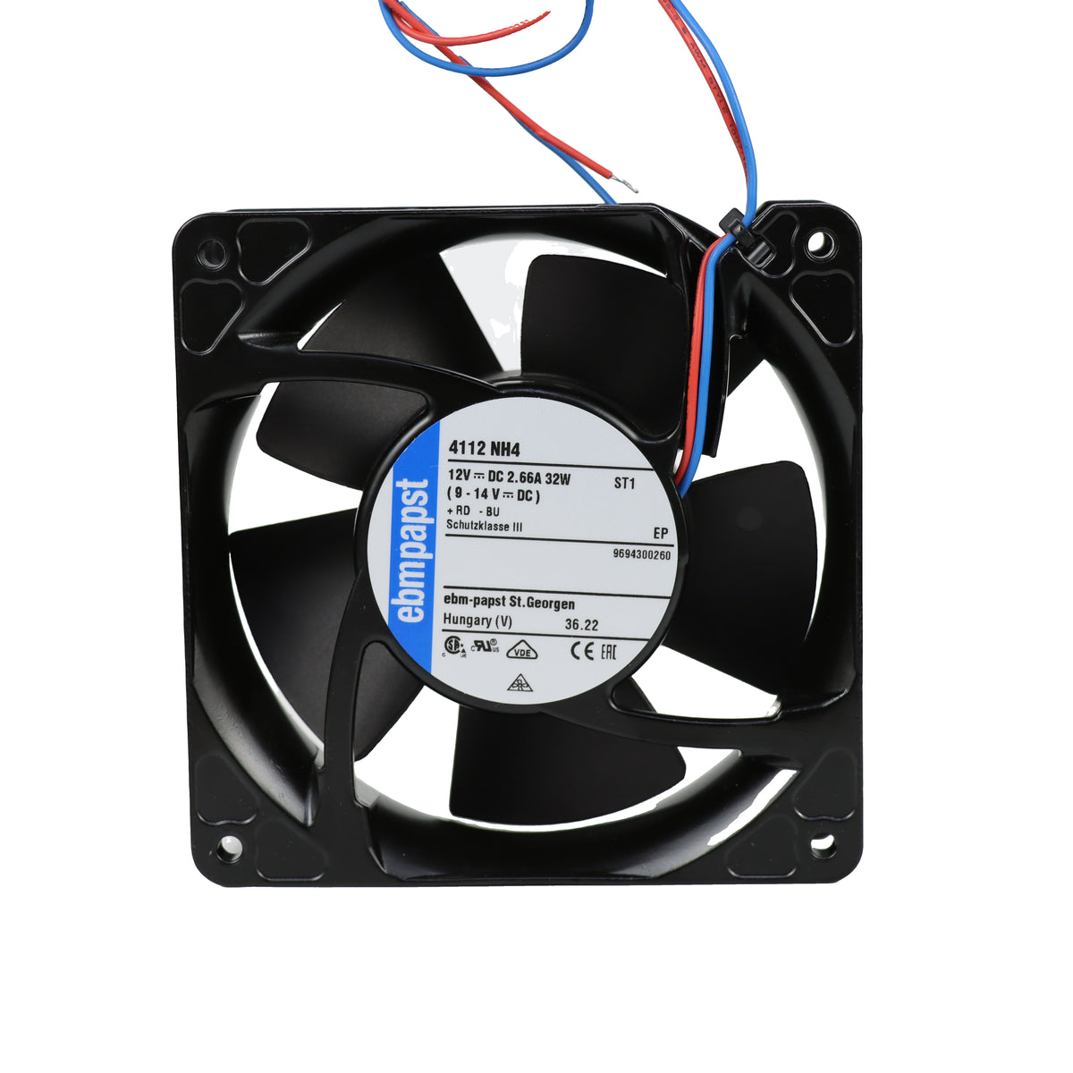 Front view of ebm-papst 4112NH4 compact fan