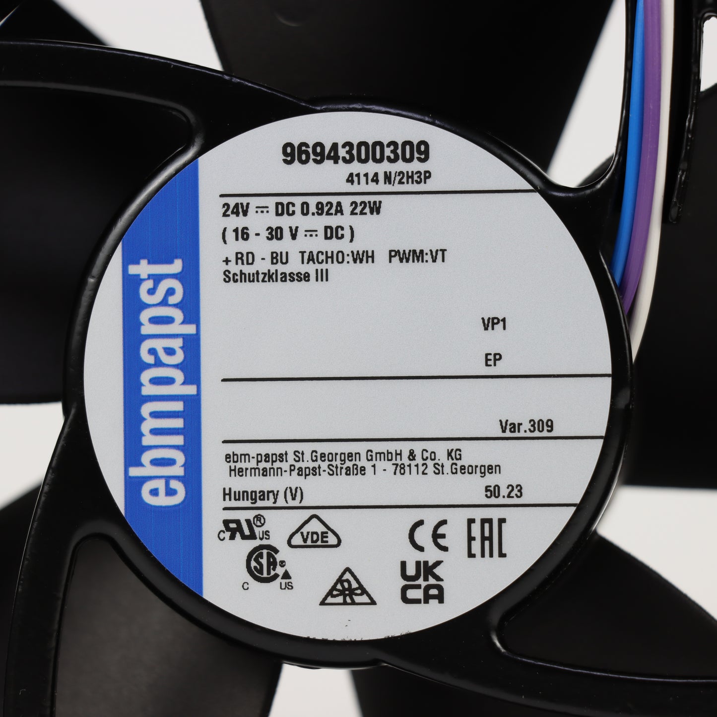 Nameplate detail of ebm-papst 4114N/2H3P-309 industrial fan