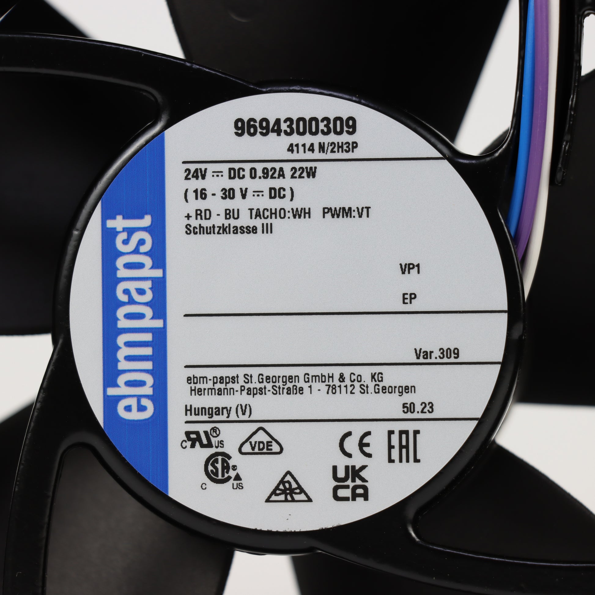 Nameplate detail of ebm-papst 4114N/2H3P-309 industrial fan